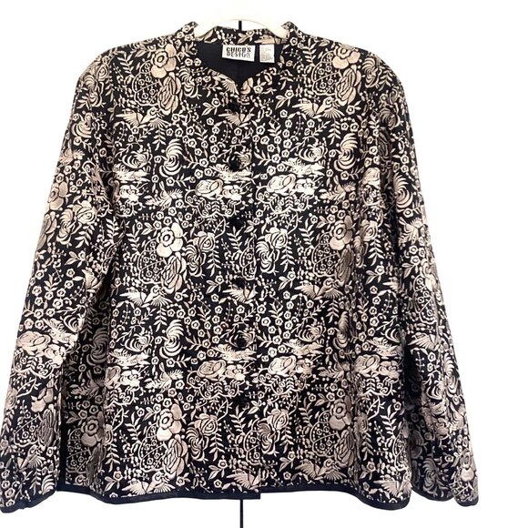 Vintage CHICO’S DESIGN Floral Embroidered Jacquard Jacket Size XL Silk Asian - Picture 1 of 12